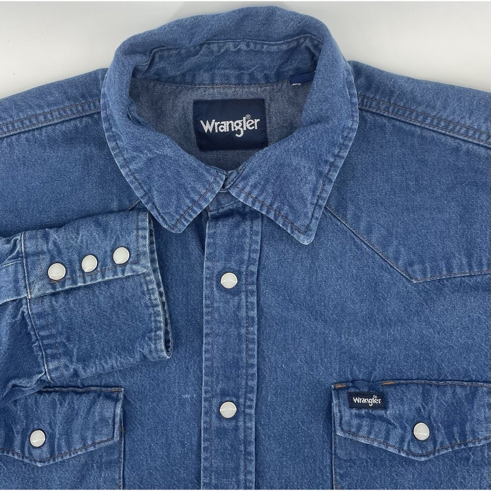 VTG Wrangler Western Shirt Mens XL Blue Denim Pearl Snap Long Sleeve Cowboy Ranh
